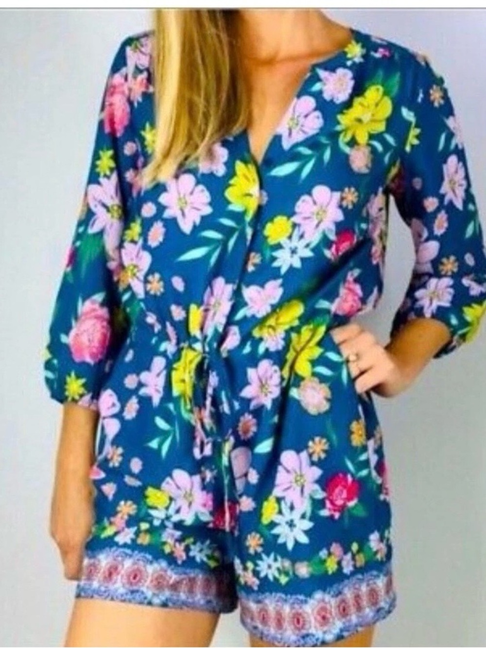 Tabitha Webb Teal Floral V-Neck Romper with Pink & Yellow Blooms sz 4